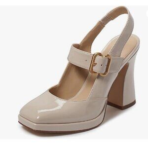 FYS Nude Platform Square Toe Pump Block High Heel Mary Janes Slingback Sexy Shoe